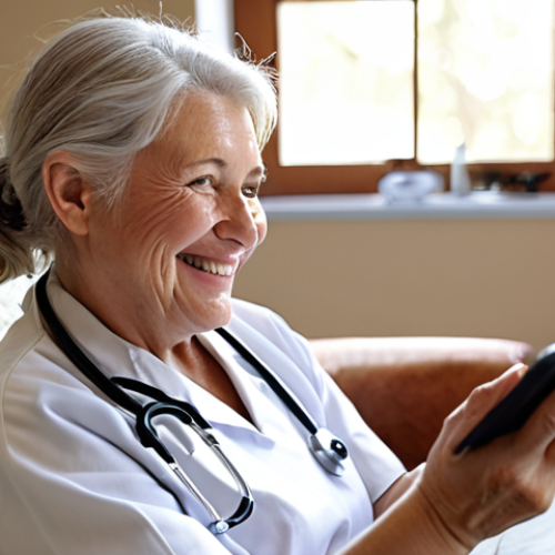 Home 4 **
A friendly nurse smiles warmly during a telehealth video call with an elderly patient in their cozy living room. The patient is holding a tablet, and a wearable device is visible on their wrist. Natural light streams through the window, creating a comforting atmosphere. Focus on the connection and empathy conveyed in the scene. Style: Realistic, soft lighting, slightly blurred background.
**