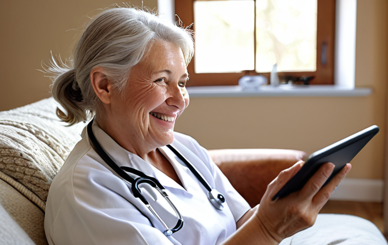 **
A friendly nurse smiles warmly during a telehealth video call with an elderly patient in their cozy living room. The patient is holding a tablet, and a wearable device is visible on their wrist. Natural light streams through the window, creating a comforting atmosphere. Focus on the connection and empathy conveyed in the scene. Style: Realistic, soft lighting, slightly blurred background.
**