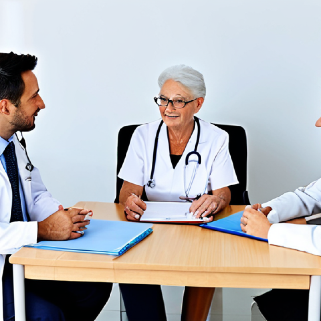 Palliative Care Team Meeting**

"A diverse interdisciplinary team of healthcare professionals (doctor, nurse, social worker) in a brightly lit office, gathered around a table discussing a patient's care plan. The patient, an elderly woman, is present and engaged in the conversation. Everyone is fully clothed in professional attire. The atmosphere is supportive and collaborative. Safe for work, appropriate content, perfect anatomy, natural proportions, professional, family-friendly, well-formed hands, proper finger count."

**
