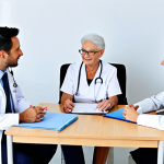 Palliative Care Team Meeting**

"A diverse interdisciplinary team of healthcare professionals (doctor, nurse, social worker) in a brightly lit office, gathered around a table discussing a patient's care plan. The patient, an elderly woman, is present and engaged in the conversation. Everyone is fully clothed in professional attire. The atmosphere is supportive and collaborative. Safe for work, appropriate content, perfect anatomy, natural proportions, professional, family-friendly, well-formed hands, proper finger count."

**