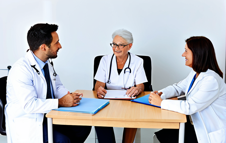 Palliative Care Team Meeting**
"A diverse interdisciplinary team of healthcare professionals (doctor, nurse, social worker) in a brightly lit office, gathered around a table discussing a patient's care plan. The patient, an elderly woman, is present and engaged in the conversation. Everyone is fully clothed in professional attire. The atmosphere is supportive and collaborative. Safe for work, appropriate content, perfect anatomy, natural proportions, professional, family-friendly, well-formed hands, proper finger count."
**