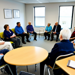 Alzheimer's Support Group**

"A support group meeting for families dealing with Alzheimer's disease. The scene shows a brightly lit community center room with comfortable chairs arranged in a circle. Several fully clothed adults, both men and women, are listening attentively to a speaker. A social worker in professional dress leads the discussion with empathy. The atmosphere is supportive and understanding. Background: Notice board with resources and information pamphlets. Safe for work, appropriate content, fully clothed, professional setting, perfect anatomy, natural proportions, well-formed hands, family-friendly."

**