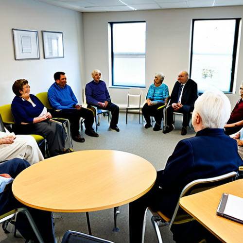 Home 14 Alzheimer's Support Group**
"A support group meeting for families dealing with Alzheimer's disease. The scene shows a brightly lit community center room with comfortable chairs arranged in a circle. Several fully clothed adults, both men and women, are listening attentively to a speaker. A social worker in professional dress leads the discussion with empathy. The atmosphere is supportive and understanding. Background: Notice board with resources and information pamphlets. Safe for work, appropriate content, fully clothed, professional setting, perfect anatomy, natural proportions, well-formed hands, family-friendly."
**