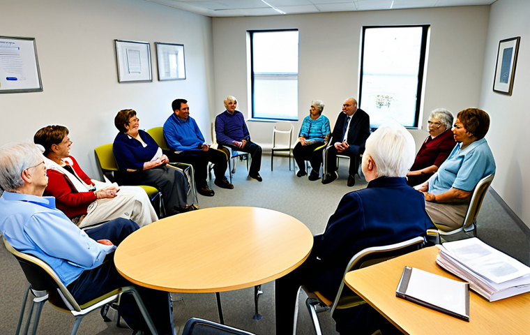 Alzheimer's Support Group**
"A support group meeting for families dealing with Alzheimer's disease. The scene shows a brightly lit community center room with comfortable chairs arranged in a circle. Several fully clothed adults, both men and women, are listening attentively to a speaker. A social worker in professional dress leads the discussion with empathy. The atmosphere is supportive and understanding. Background: Notice board with resources and information pamphlets. Safe for work, appropriate content, fully clothed, professional setting, perfect anatomy, natural proportions, well-formed hands, family-friendly."
**