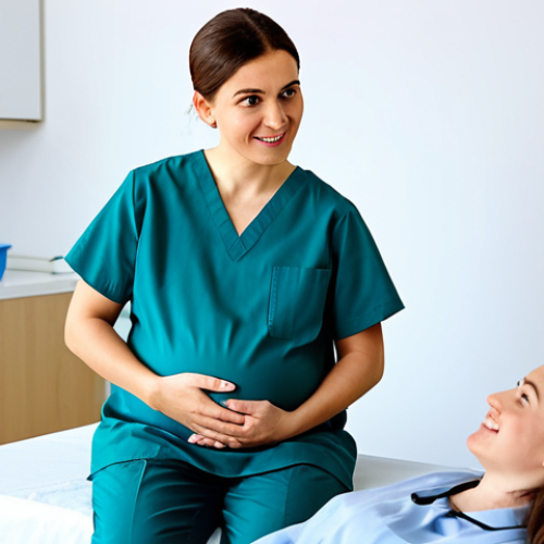 Home 5 여성 건강 간호학 - Prenatal Care Checkup**
"A pregnant woman in modest clothing, sitting and talking with a friendly d...