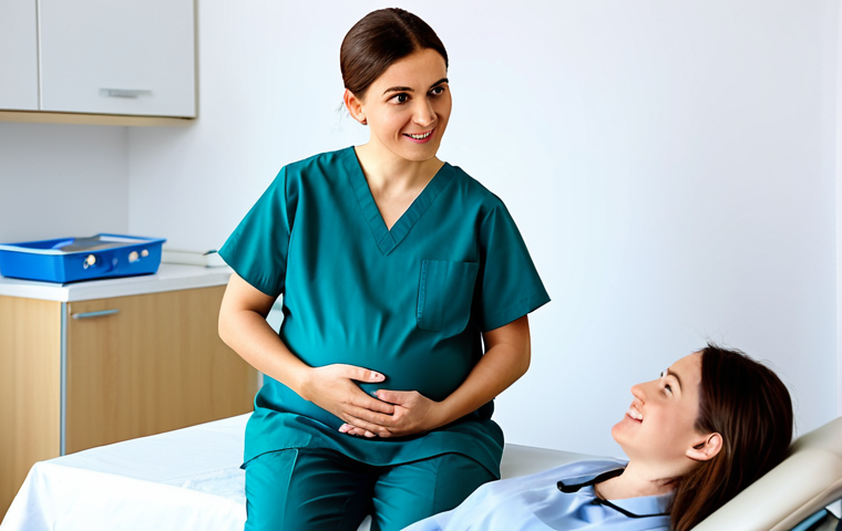 여성 건강 간호학 - Prenatal Care Checkup**
"A pregnant woman in modest clothing, sitting and talking with a friendly d...