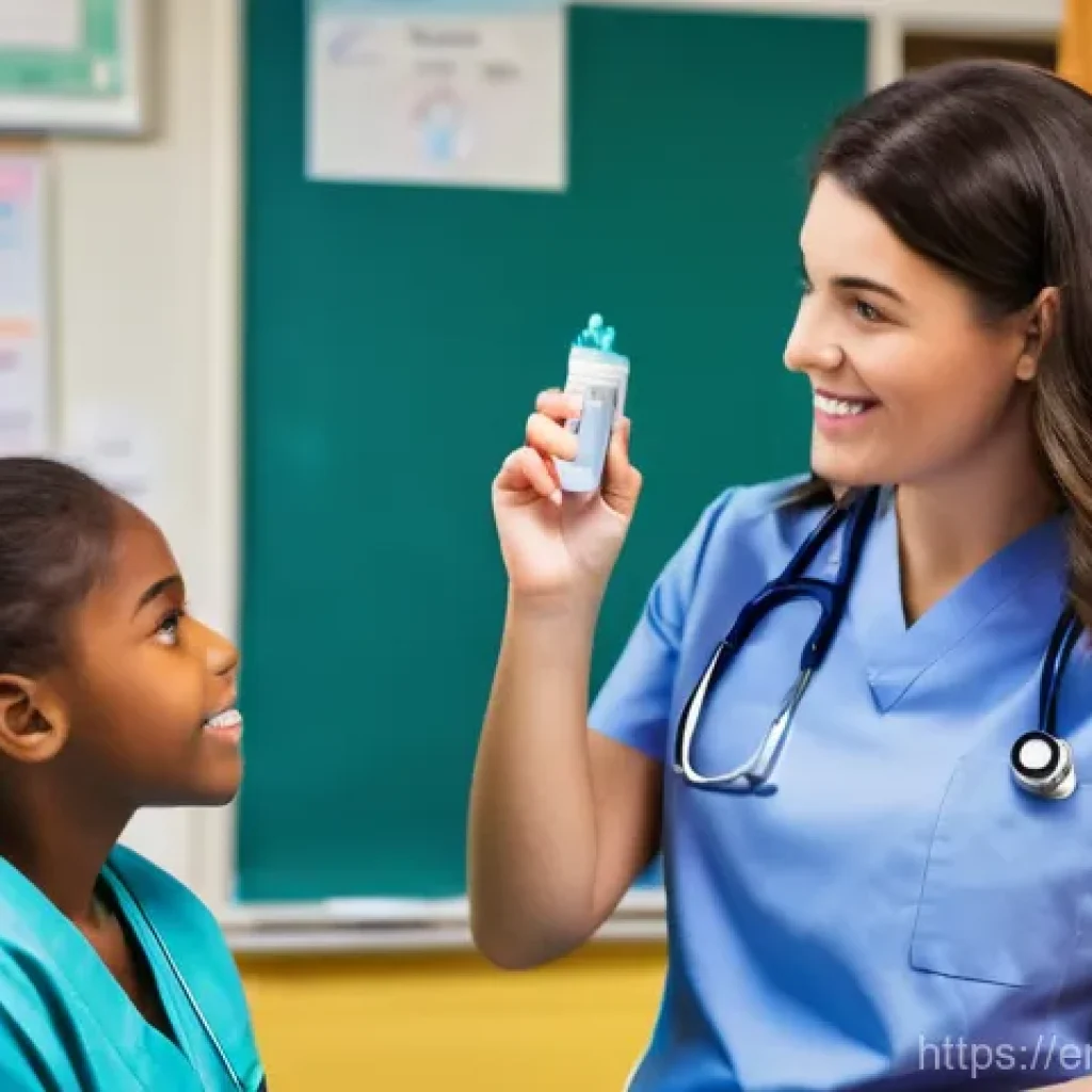 학교 간호사 및 학생 건강 관리 - **Prompt:** A compassionate school nurse, a woman in her late 30s to early 40s with a warm, approach...