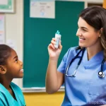 학교 간호사 및 학생 건강 관리 - **Prompt:** A compassionate school nurse, a woman in her late 30s to early 40s with a warm, approach...