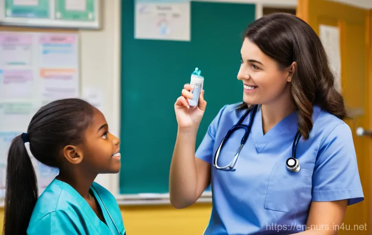 학교 간호사 및 학생 건강 관리 - **Prompt:** A compassionate school nurse, a woman in her late 30s to early 40s with a warm, approach...