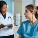 비뇨기계 간호 - A compassionate female urological nurse, wearing a clean light blue scrub top and dark pants, sits o...