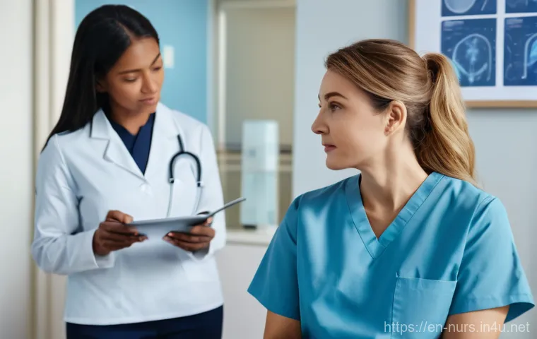 비뇨기계 간호 - A compassionate female urological nurse, wearing a clean light blue scrub top and dark pants, sits o...