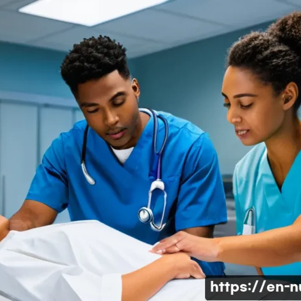 간호 교육 및 지도 방법 - **A high-fidelity nursing simulation in progress.** A group of three diverse nursing students (male ...