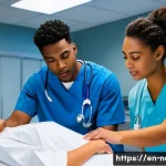 간호 교육 및 지도 방법 - **A high-fidelity nursing simulation in progress.** A group of three diverse nursing students (male ...