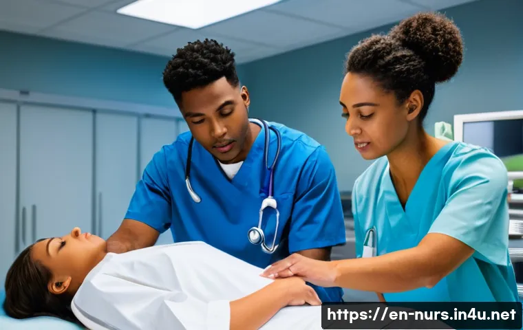 간호 교육 및 지도 방법 - **A high-fidelity nursing simulation in progress.** A group of three diverse nursing students (male ...