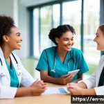 간호 리더십과 관리 - A diverse nursing team engaged in a lively, open communication meeting within a modern hospital brea...