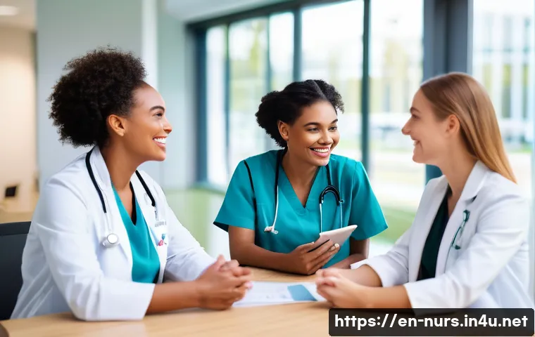 간호 리더십과 관리 - A diverse nursing team engaged in a lively, open communication meeting within a modern hospital brea...