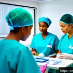 응급실 ER  간호사 역할 - A busy emergency room scene showing a diverse team of ER nurses and doctors rapidly assessing multip...