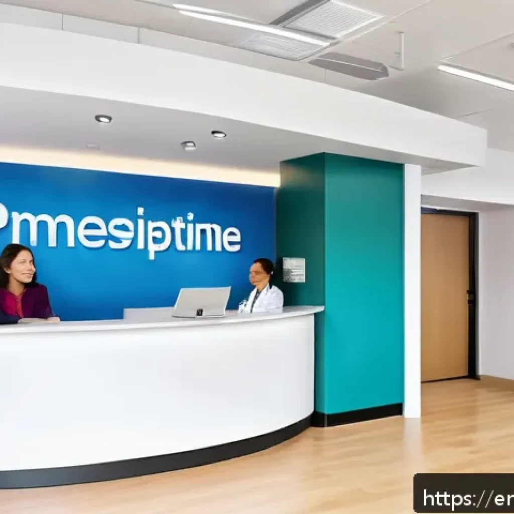 의료 서비스 만족도 향상 전략 - A modern healthcare clinic reception area with friendly, diverse frontline staff warmly greeting pat...