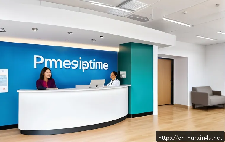 의료 서비스 만족도 향상 전략 - A modern healthcare clinic reception area with friendly, diverse frontline staff warmly greeting pat...