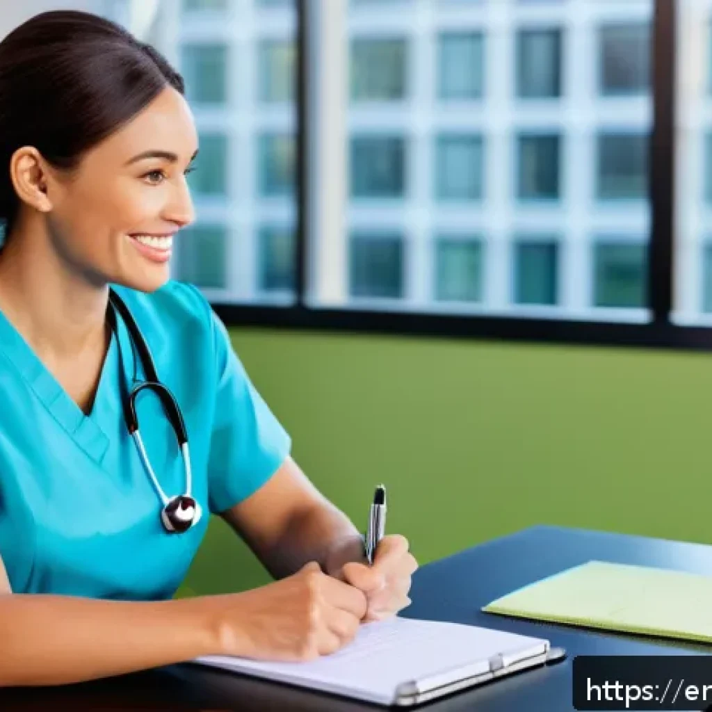 간호사 면접 준비 및 합격 전략 - A confident female nurse in professional scrubs sitting across from an interviewer in a modern offic...