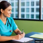 간호사 면접 준비 및 합격 전략 - A confident female nurse in professional scrubs sitting across from an interviewer in a modern offic...