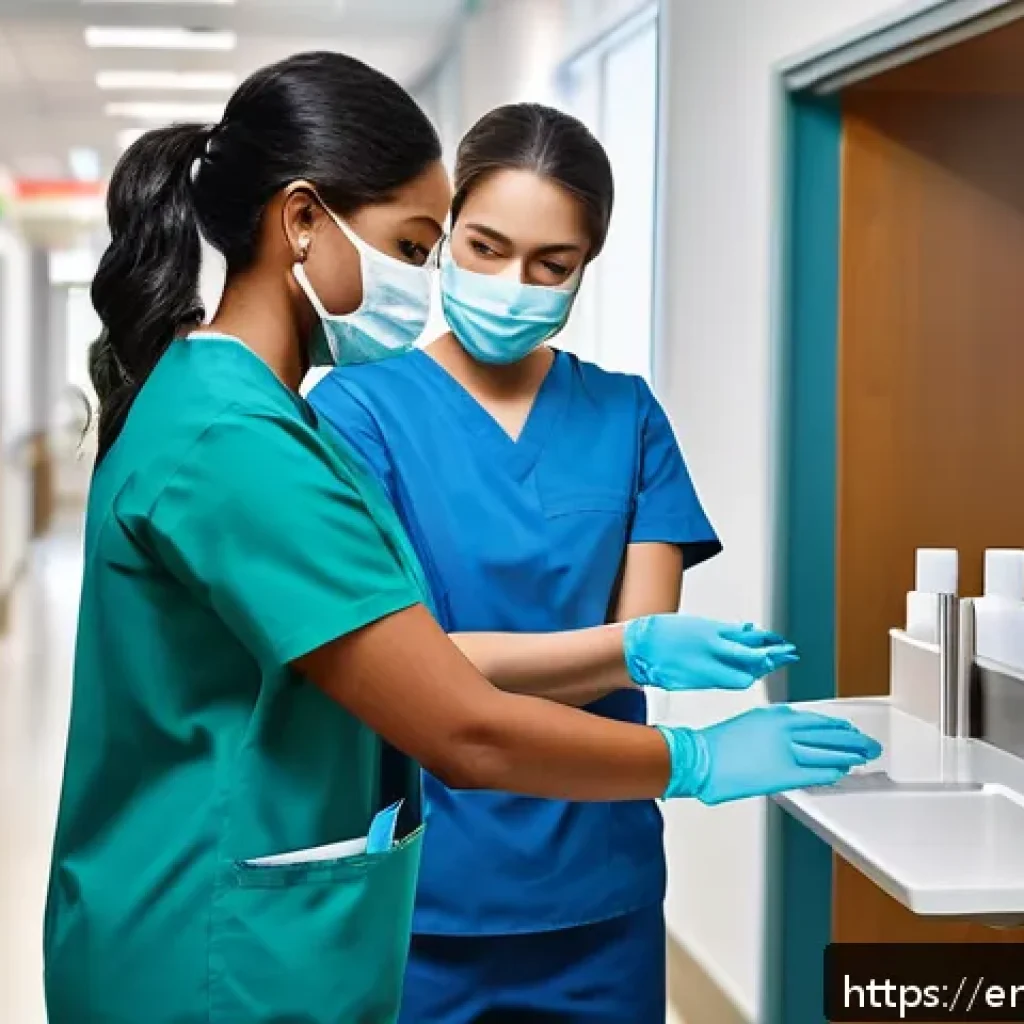 병원 내 감염 예방 및 위생 관리 - A busy hospital hallway scene showing diverse healthcare staff wearing scrubs and gloves using wall-...