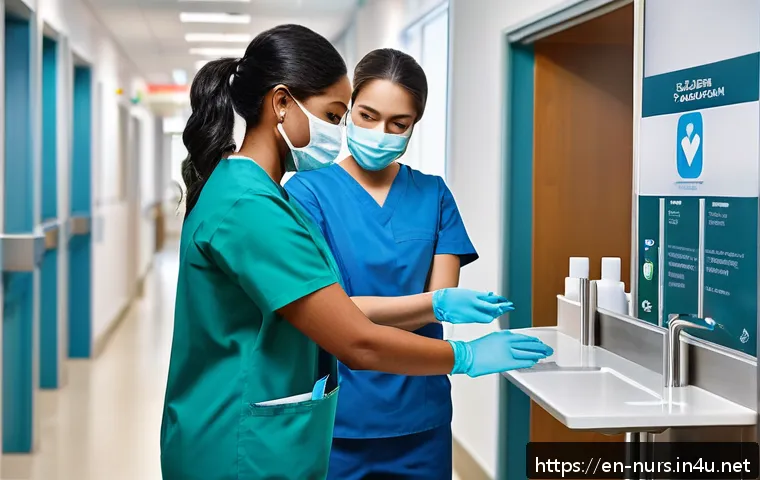 병원 내 감염 예방 및 위생 관리 - A busy hospital hallway scene showing diverse healthcare staff wearing scrubs and gloves using wall-...
