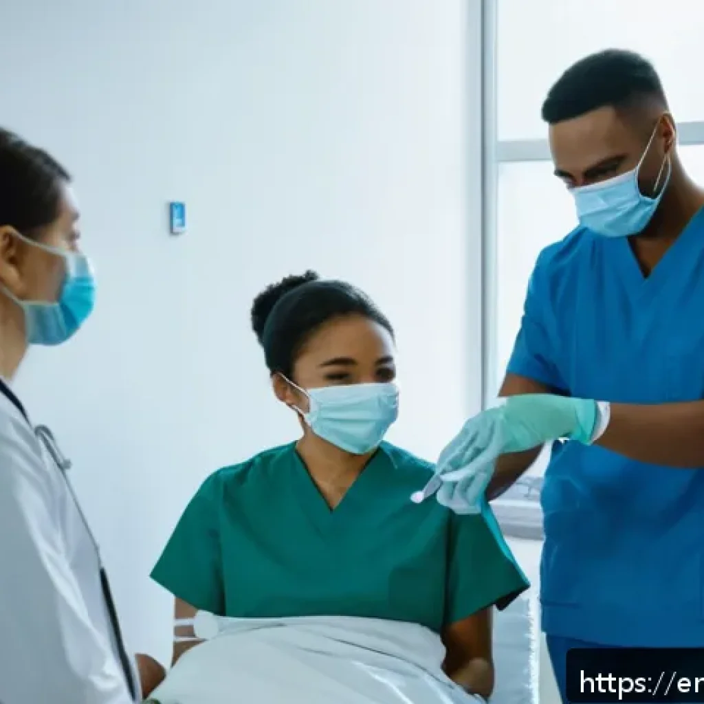 병원 감염 관리 - A busy hospital ward scene focusing on healthcare workers of diverse ethnicities wearing scrubs and ...