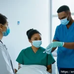 병원 감염 관리 - A busy hospital ward scene focusing on healthcare workers of diverse ethnicities wearing scrubs and ...