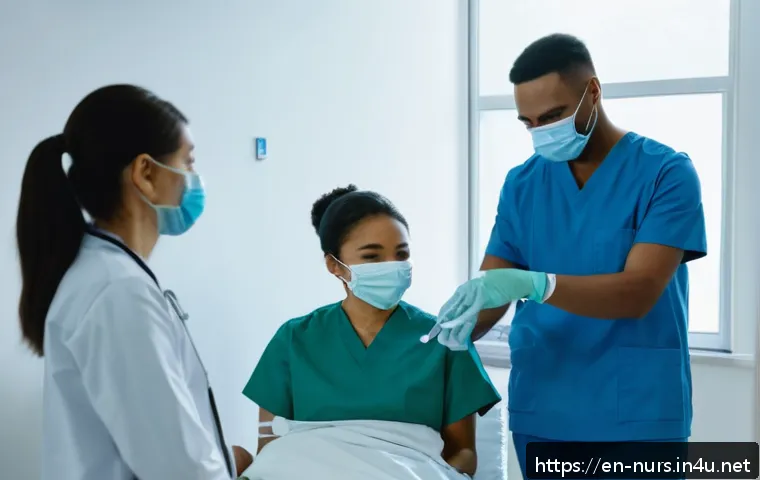 병원 감염 관리 - A busy hospital ward scene focusing on healthcare workers of diverse ethnicities wearing scrubs and ...