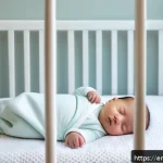 신생아 간호 - A peaceful newborn baby sleeping safely on their back in a modern nursery crib, dressed in a soft, w...