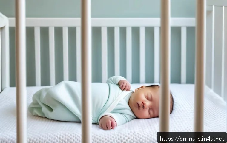 신생아 간호 - A peaceful newborn baby sleeping safely on their back in a modern nursery crib, dressed in a soft, w...