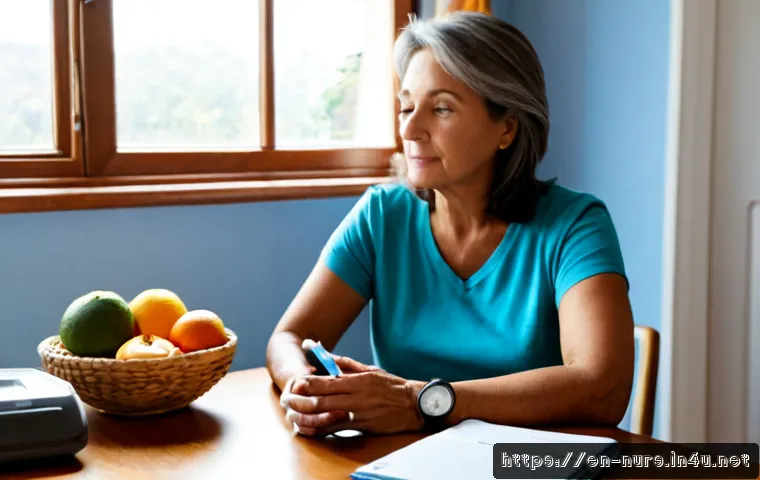 Home 17 만성 질환 관리 - Photorealistic home chronic disease management scene, a calm middle-aged woman in casual clothing se...
